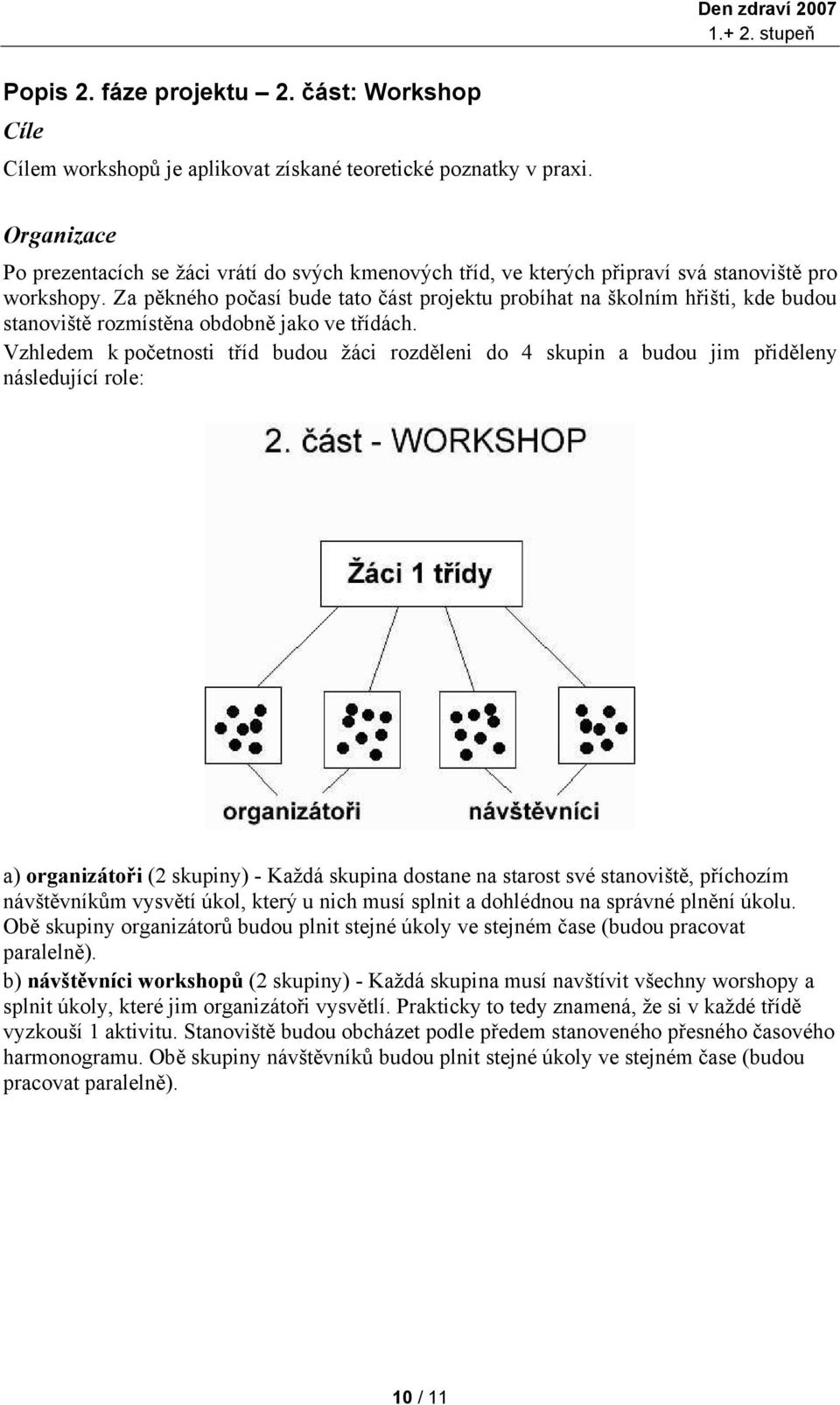 Za pěkného počasí bude tato část projektu probíhat na školním hřišti, kde budou stanoviště rozmístěna obdobně jako ve třídách.