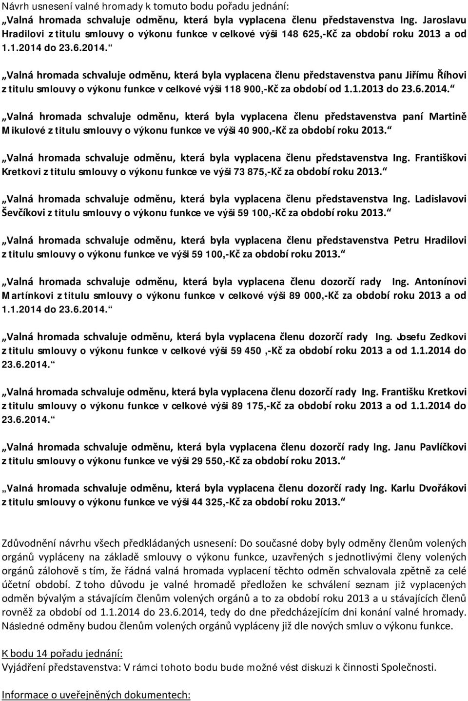 do 23.6.2014. Valná hromada schvaluje odměnu, která byla vyplacena členu představenstva panu Jiřímu Říhovi z titulu smlouvy o výkonu funkce v celkové výši 118 900,-Kč za období od 1.1.2013 do 23.6.2014. Valná hromada schvaluje odměnu, která byla vyplacena členu představenstva paní Martině Mikulové z titulu smlouvy o výkonu funkce ve výši 40 900,-Kč za období roku 2013.