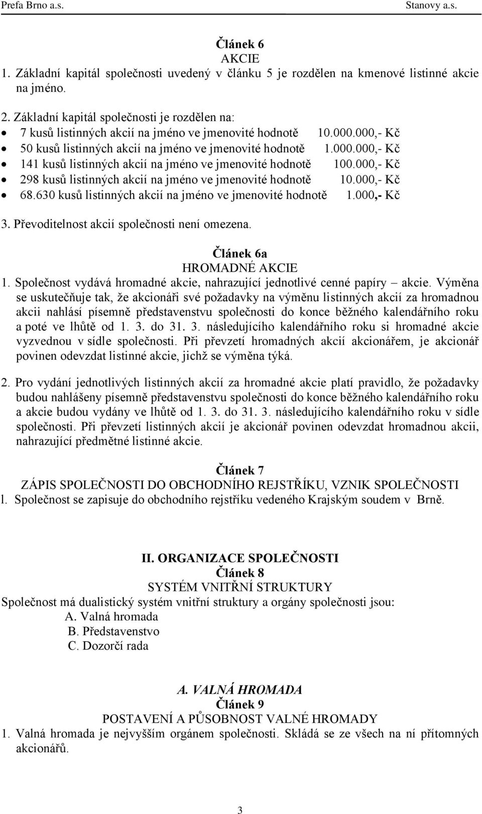 000,- Kč 298 kusů listinných akcií na jméno ve jmenovité hodnotě 10.000,- Kč 68.630 kusů listinných akcií na jméno ve jmenovité hodnotě 1.000,- Kč 3. Převoditelnost akcií společnosti není omezena.