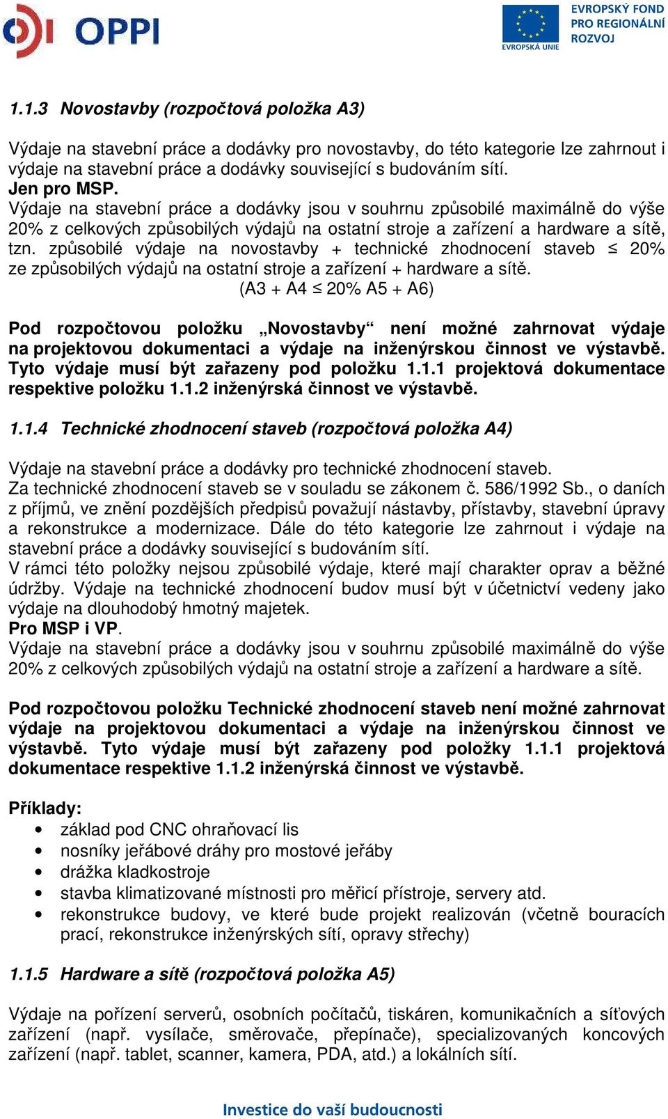 způsobilé výdaje na novostavby + technické zhodnocení staveb 20% ze způsobilých výdajů na ostatní stroje a zařízení + hardware a sítě.
