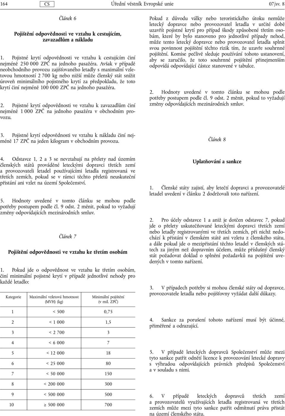 krytí činí nejméně 100 000 ZPČ na jednoho pasažéra. 2. Pojistné krytí odpovědnosti ve vztahu k zavazadlům činí nejméně 1 000 ZPČ na jednoho pasažéra v obchodním provozu.