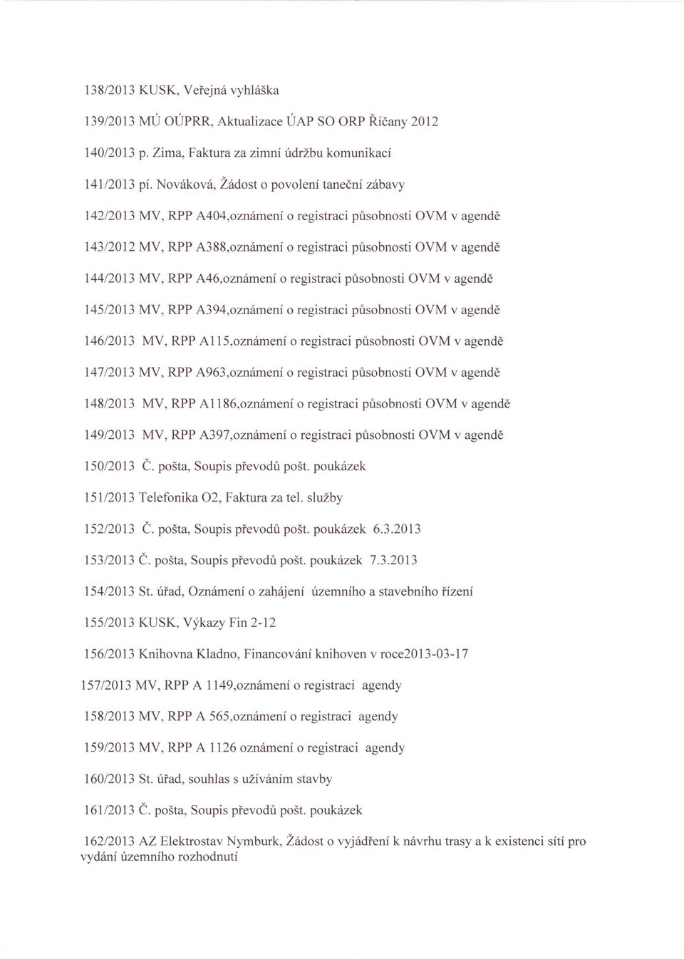 A46,oznámení o registraci působnosti OVM v agendě 14512013 MV, RPP A394,oznámení o registraci působnosti OVM v agendě 146/2013 MV, RPP A115,oznámení o registraci působnosti OVM v agendě 147/2013 MV,