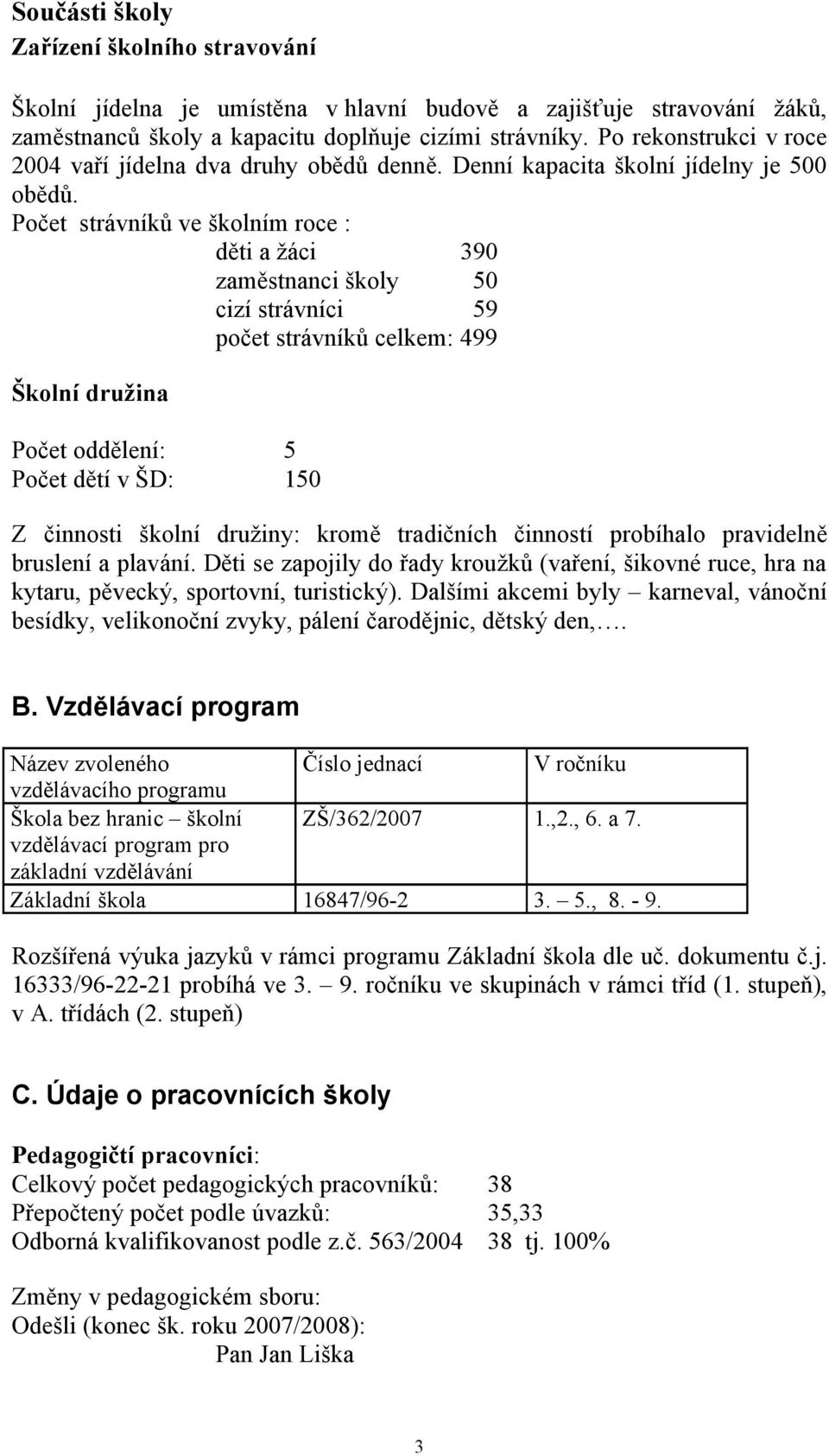 Počet strávníků ve školním roce : děti a žáci 390 zaměstnanci školy 50 cizí strávníci 59 počet strávníků celkem: 499 Školní družina Počet oddělení: 5 Počet dětí v ŠD: 150 Z činnosti školní družiny: