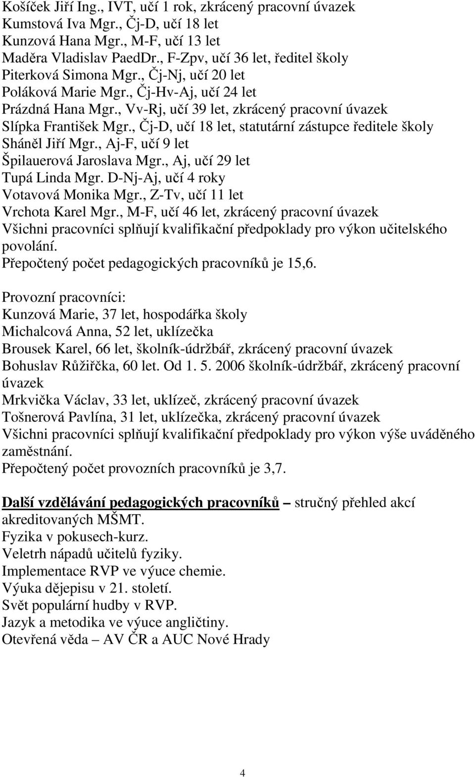 , Vv-Rj, učí 39 let, zkrácený pracovní úvazek Slípka František Mgr., Čj-D, učí 18 let, statutární zástupce ředitele školy Sháněl Jiří Mgr., Aj-F, učí 9 let Špilauerová Jaroslava Mgr.