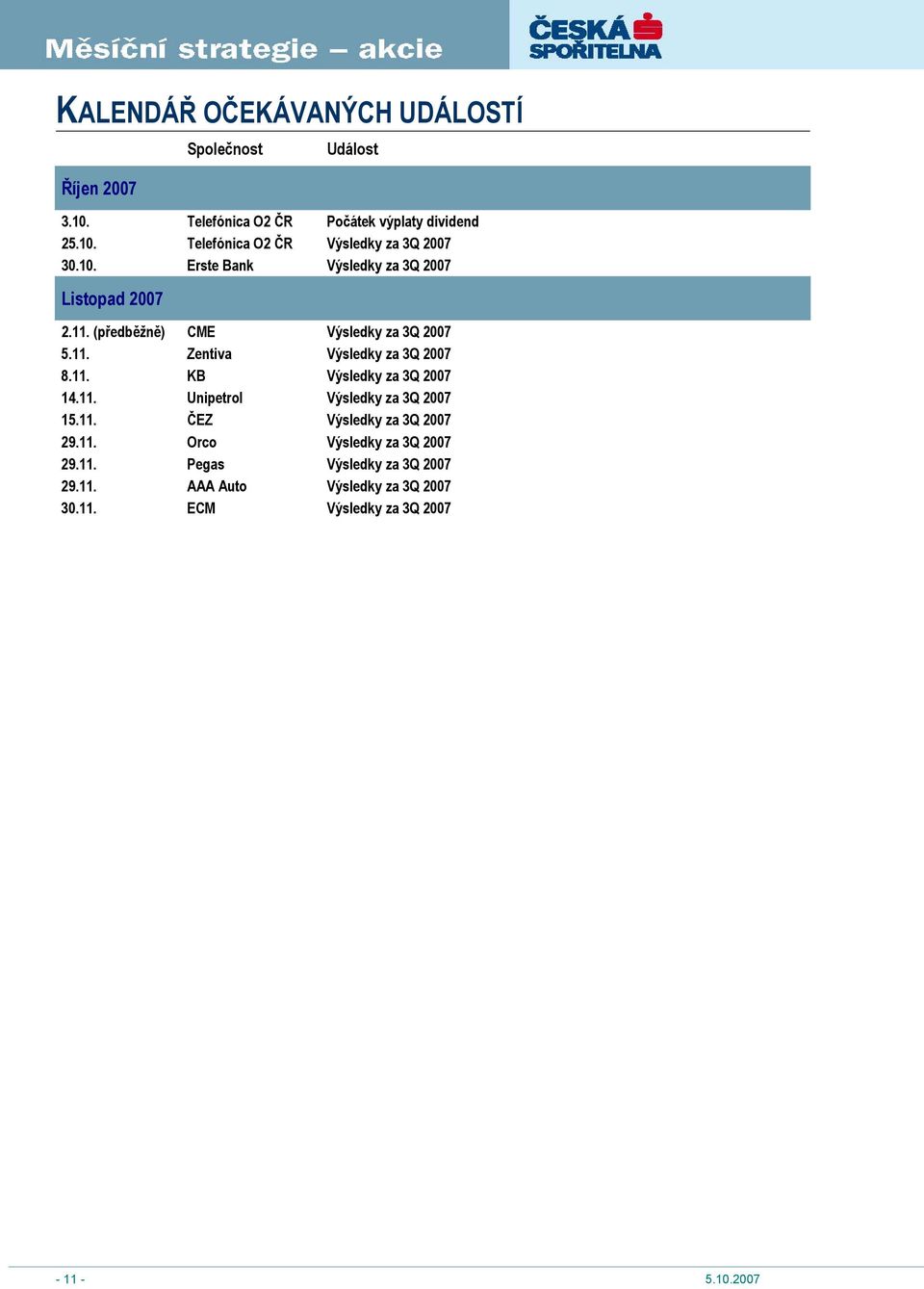11. Unipetrol Výsledky za 3Q 2007 15.11. ČEZ Výsledky za 3Q 2007 29.11. Orco Výsledky za 3Q 2007 29.11. Pegas Výsledky za 3Q 2007 29.