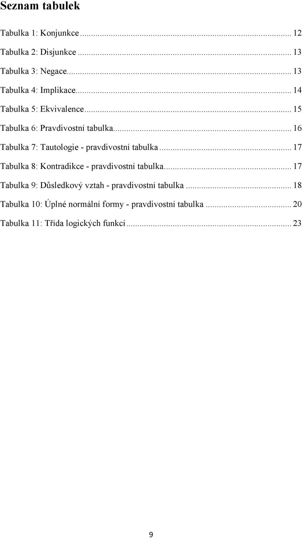 .. 16 Tabulka 7: Tautologie - pravdivostní tabulka... 17 Tabulka 8: Kontradikce - pravdivostní tabulka.