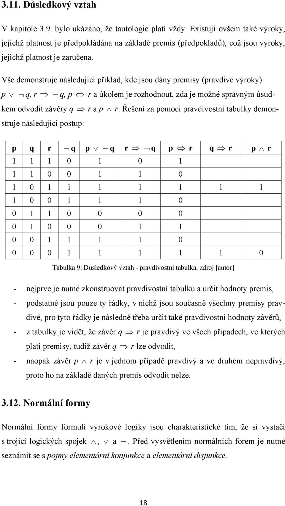 Vše demonstruje následující příklad, kde jsou dány premisy (pravdivé výroky) p q, r q, p r a úkolem je rozhodnout, zda je možné správným úsudkem odvodit závěry q r a p r.