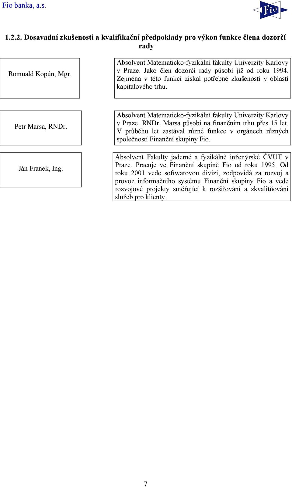 Absolvent Matematicko-fyzikální fakulty Univerzity Karlovy v Praze. RNDr. Marsa působí na finančním trhu přes 15 let.