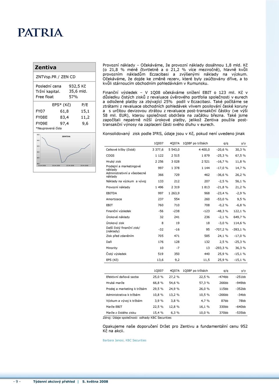 Kč (o 21,8 % méně čtvrtletně a o 21,2 % více meziročně), hlavně kvůli provozním nákladům Eczacibasi a zvýšenými náklady na výzkum.