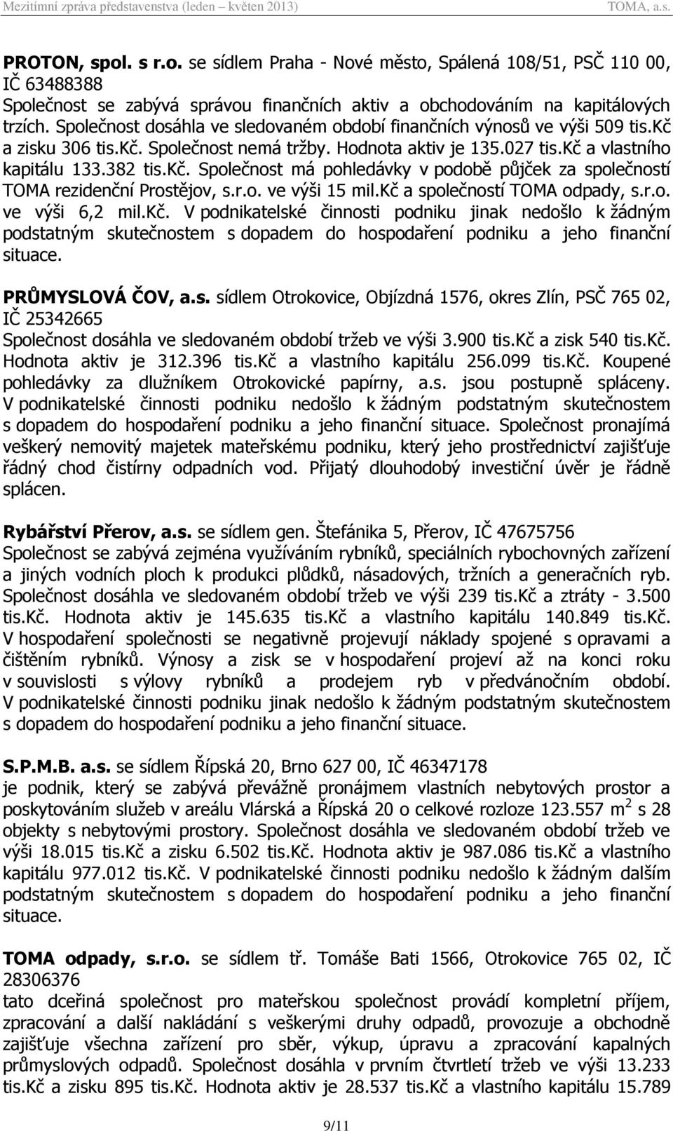 r.o. ve výši 15 mil.kč a společností TOMA odpady, s.r.o. ve výši 6,2 mil.kč. V podnikatelské činnosti podniku jinak nedošlo k žádným podstatným skutečnostem s dopadem do hospodaření podniku a jeho finanční situace.