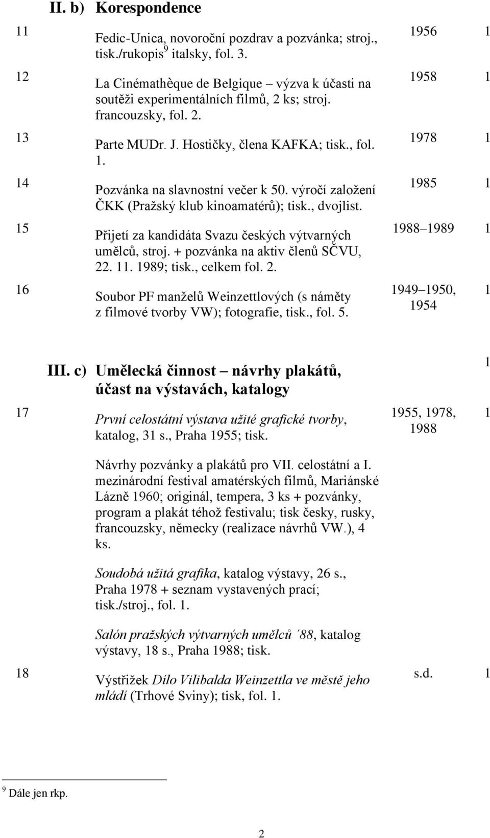 výročí založení ČKK (Pražský klub kinoamatérů); tisk., dvojlist. Přijetí za kandidáta Svazu českých výtvarných umělců, stroj. + pozvánka na aktiv členů SČVU, 22