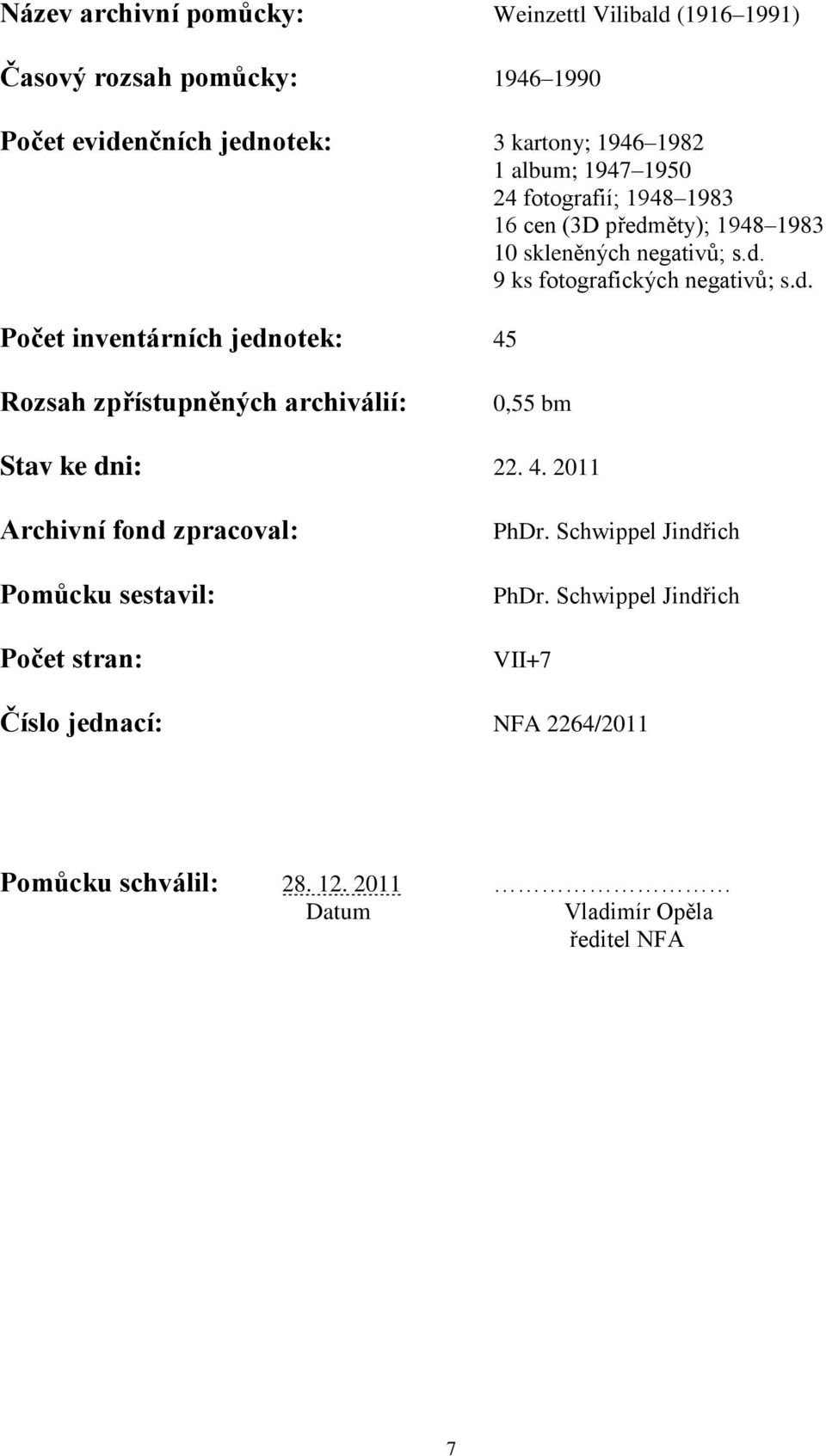 4. 2011 Archivní fond zpracoval: Pomůcku sestavil: Počet stran: PhDr. Schwippel Jindřich PhDr.