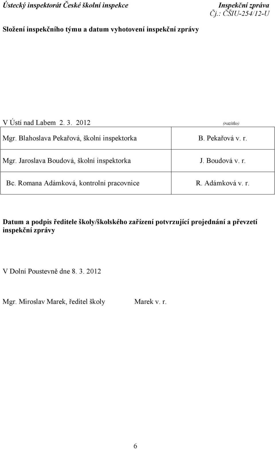 r. Bc. Romana Adámková, kontrolní pracovnice R. Adámková v. r.