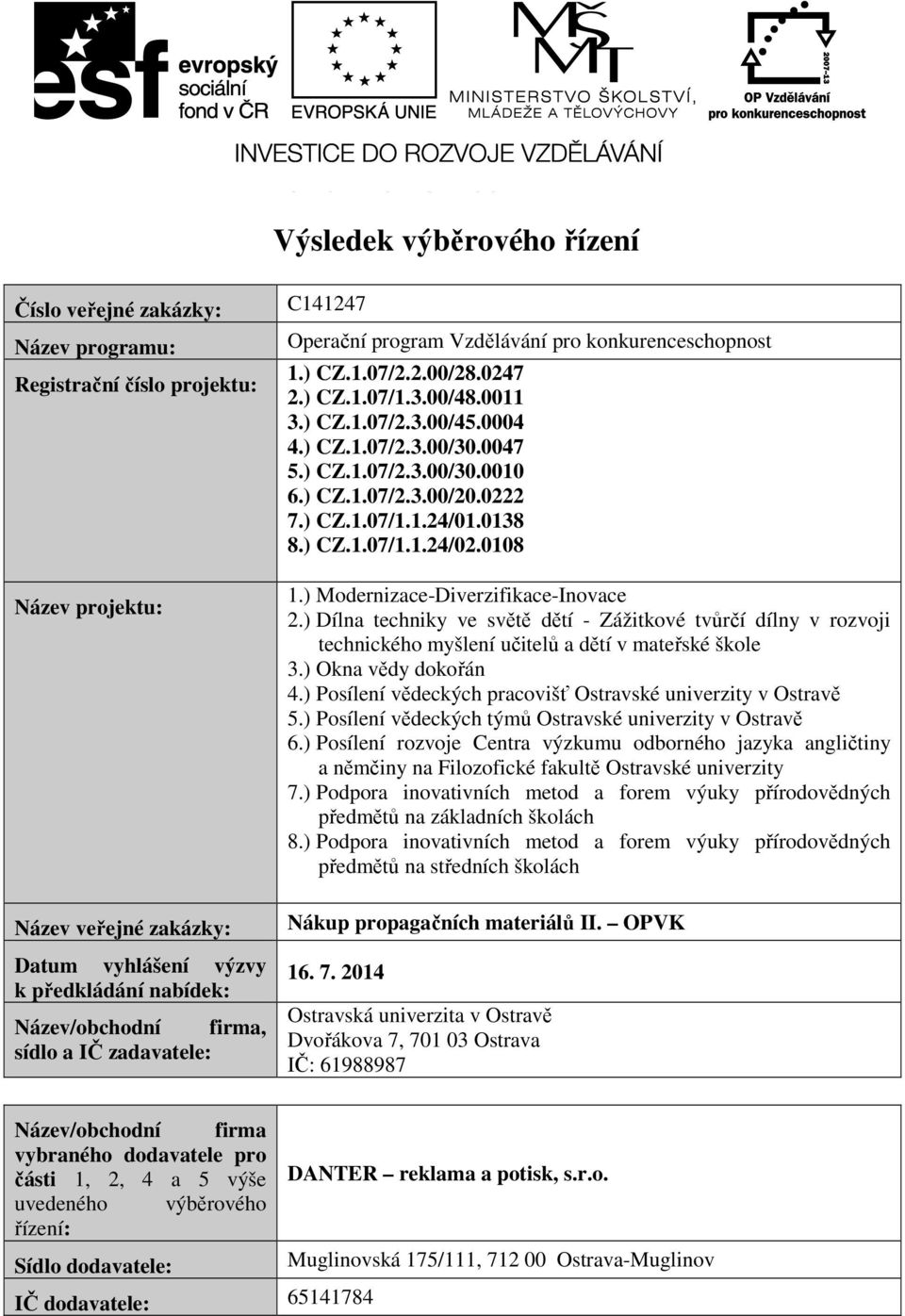 ) CZ.1.07/2.3.00/20.0222 7.) CZ.1.07/1.1.24/01.0138 8.) CZ.1.07/1.1.24/02.0108 1.) Modernizace-Diverzifikace-Inovace 2.