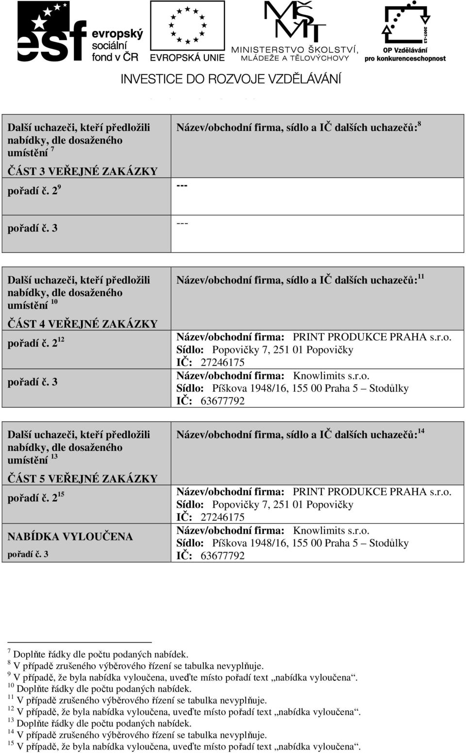 8 V případě zrušeného výběrového řízení se tabulka nevyplňuje. 9 V případě, že byla nabídka vyloučena, uveďte místo pořadí text nabídka vyloučena. 10 Doplňte řádky dle počtu podaných nabídek.