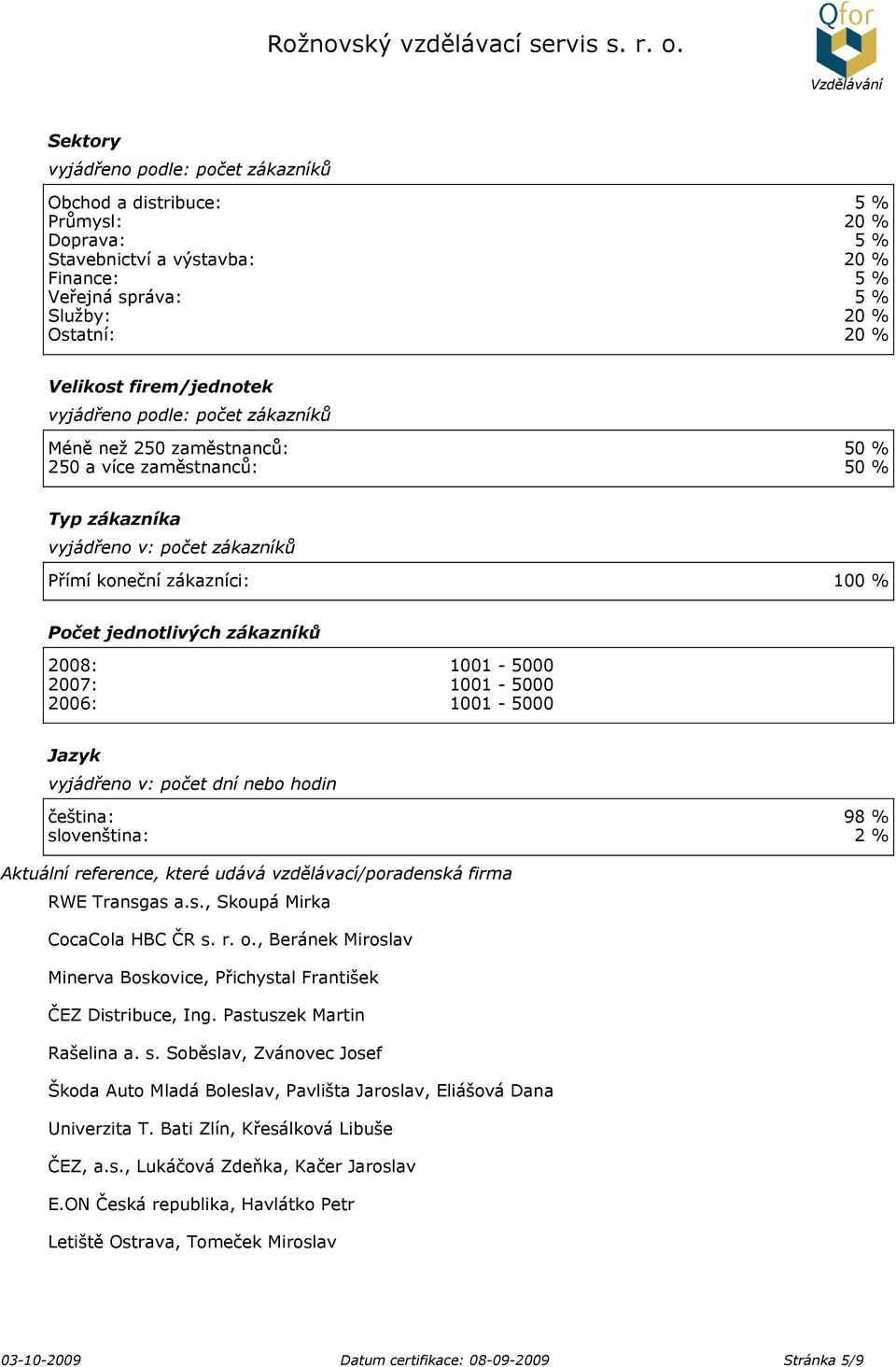 jednotlivých zákazníků 2008: 1001-5000 2007: 1001-5000 2006: 1001-5000 Jazyk vyjádřeno v: počet dní nebo hodin čeština: 98 % slovenština: 2 % Aktuální reference, které udává vzdělávací/poradenská