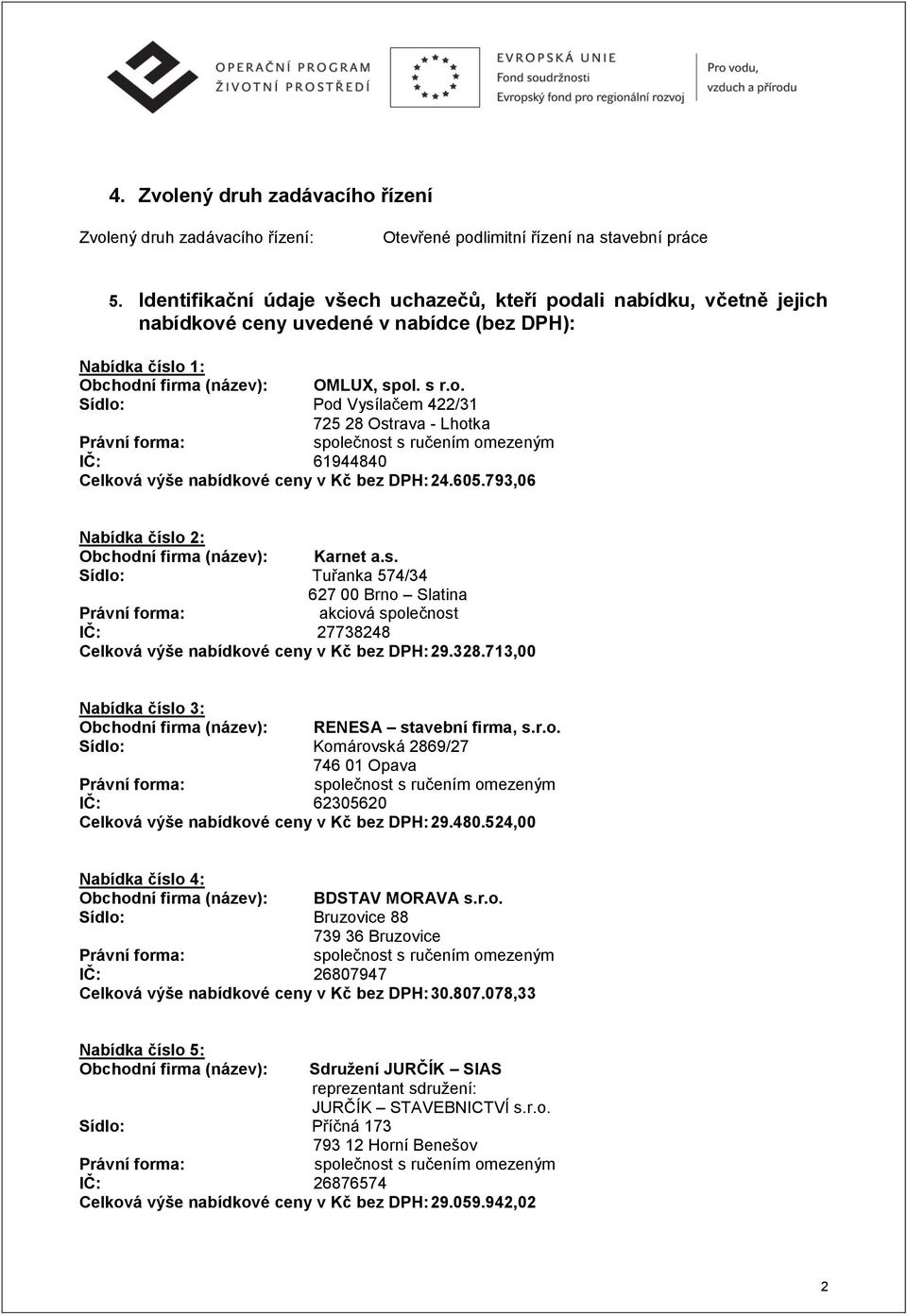 605.793,06 Nabídka číslo 2: Obchodní firma (název): Karnet a.s. Sídlo: Tuřanka 574/34 627 00 Brno Slatina IČ: 27738248 Celková výše nabídkové ceny v Kč bez DPH: 29.328.