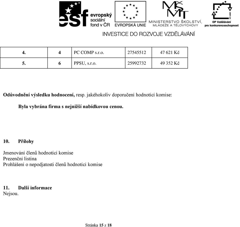 10. Přílohy Jmenování členů hodnotící komise Prezenční listina Prohlášení o nepodjatosti