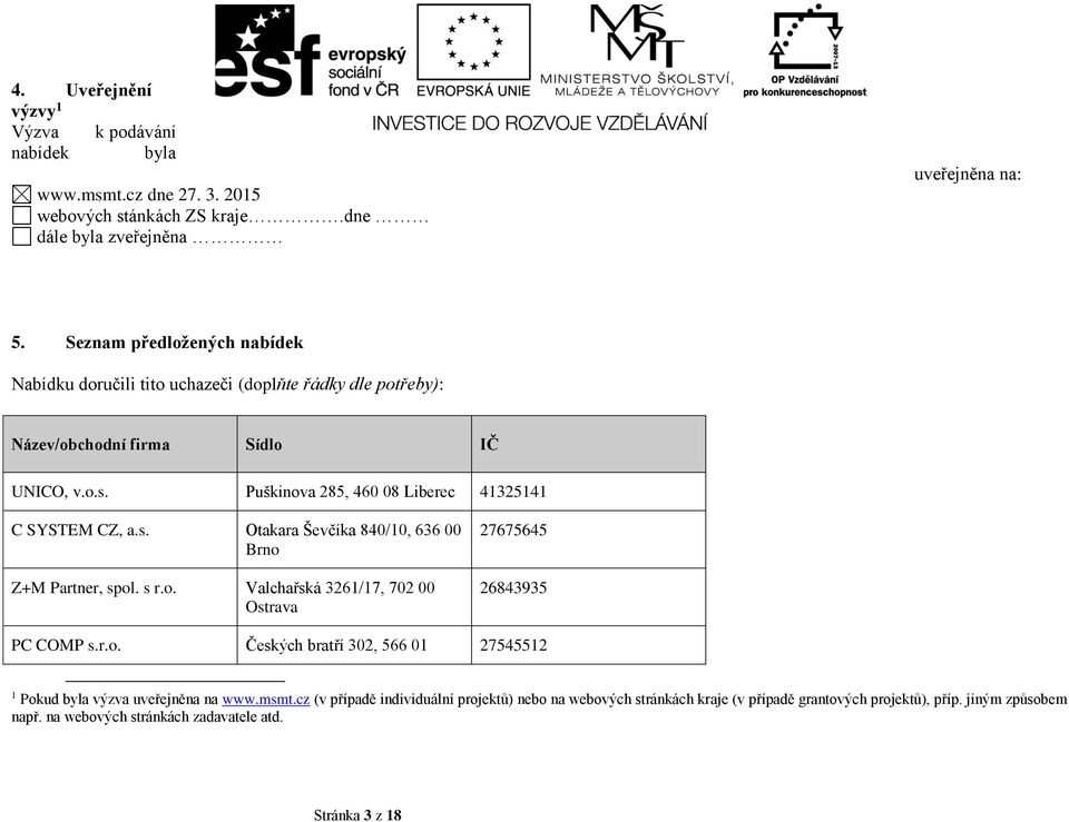 Puškinova 285, 460 08 Liberec 41325141 C SYSTEM CZ, a.s. Otakara Ševčíka 840/10, 636 00 Brno Z+M Partner, spol. s r.o. Valchařská 3261/17, 702 00 Ostrava 27675645 26843935 PC COMP s.