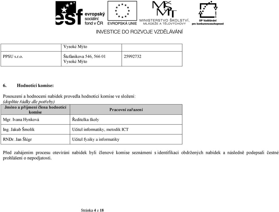 hodnotící Pracovní zařazení komise Mgr. Ivana Hynková Ředitelka školy Ing. Jakub Šmolík RNDr.