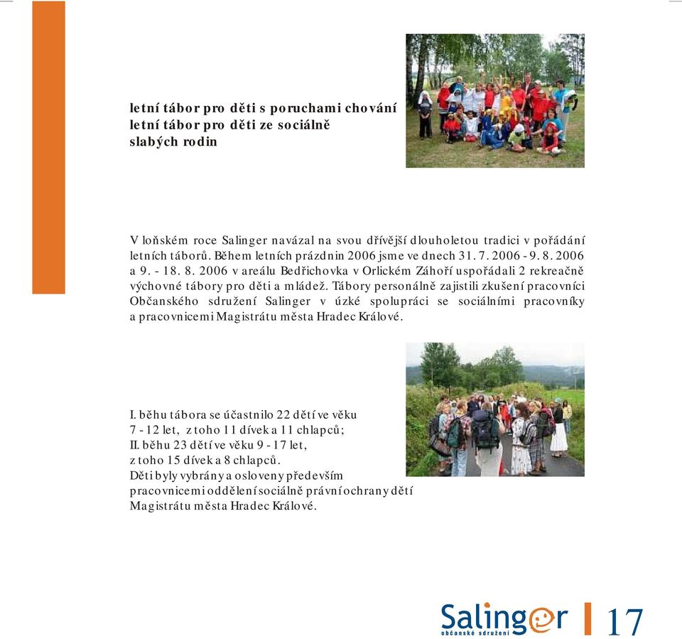 Tábory personálně zajistili zkušení pracovníci Občanského sdružení Salinger v úzké spolupráci se sociálními pracovníky a pracovnicemi Magistrátu města Hradec Králové. I.