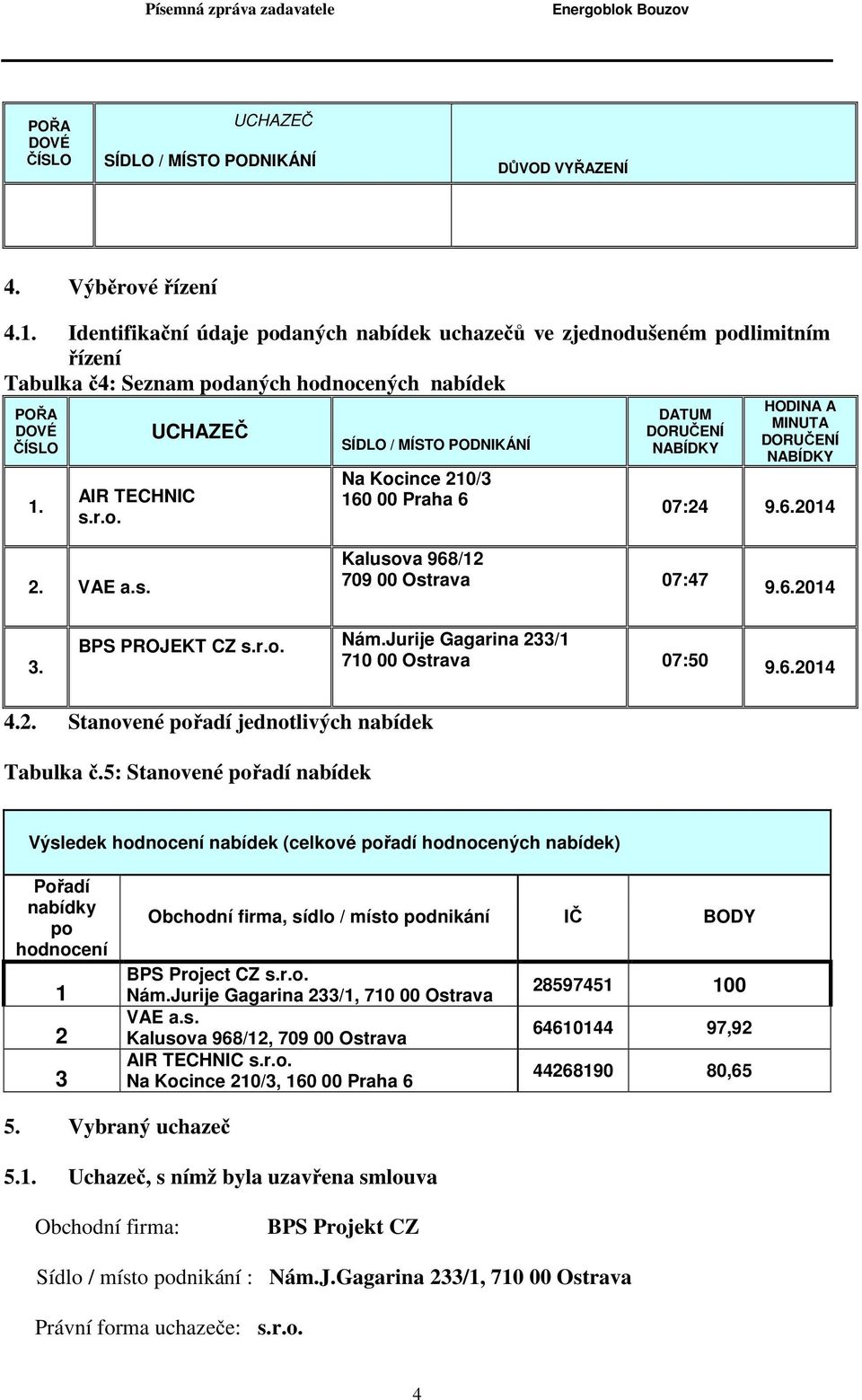 6.2014 2. VAE a.s. Kalusova 968/12 709 00 Ostrava 07:47 9.6.2014 3. BPS PROJEKT CZ s.r.o. Nám.Jurije Gagarina 233/1 710 00 Ostrava 07:50 9.6.2014 4.2. Stanovené pořadí jednotlivých nabídek Tabulka č.