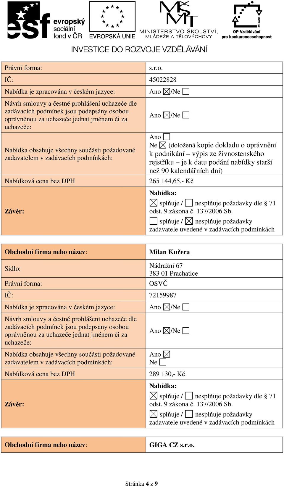 IČ: 45022828 Nabídka je zpracována v českém jazyce: Ne (doložená kopie dokladu o oprávnění k