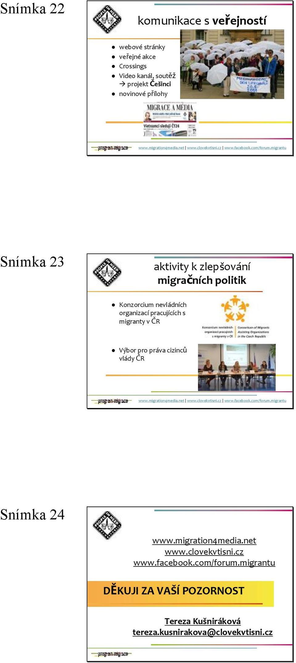 pracujících s migranty v ČR Výbor pro práva cizinců vlády ČR Snímka 24 www.migration4media.net www.