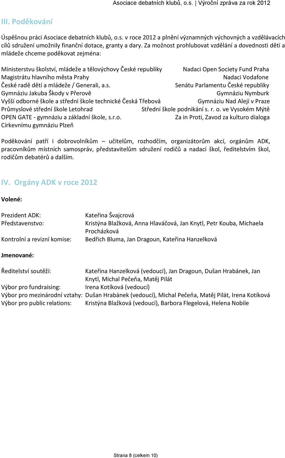 města Prahy Nadaci Vodafone České radě dětí a mládeže / Generali, a.s. Senátu Parlamentu České republiky Gymnáziu Jakuba Škody v Přerově Gymnáziu Nymburk Vyšší odborné škole a střední škole technické