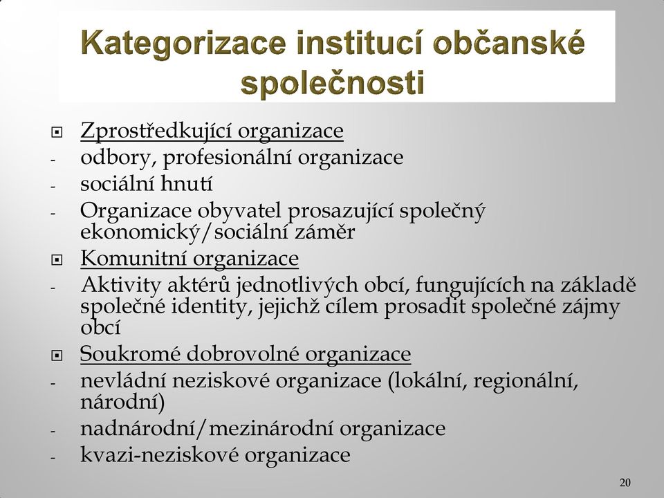 základě společné identity, jejichž cílem prosadit společné zájmy obcí Soukromé dobrovolné organizace - nevládní