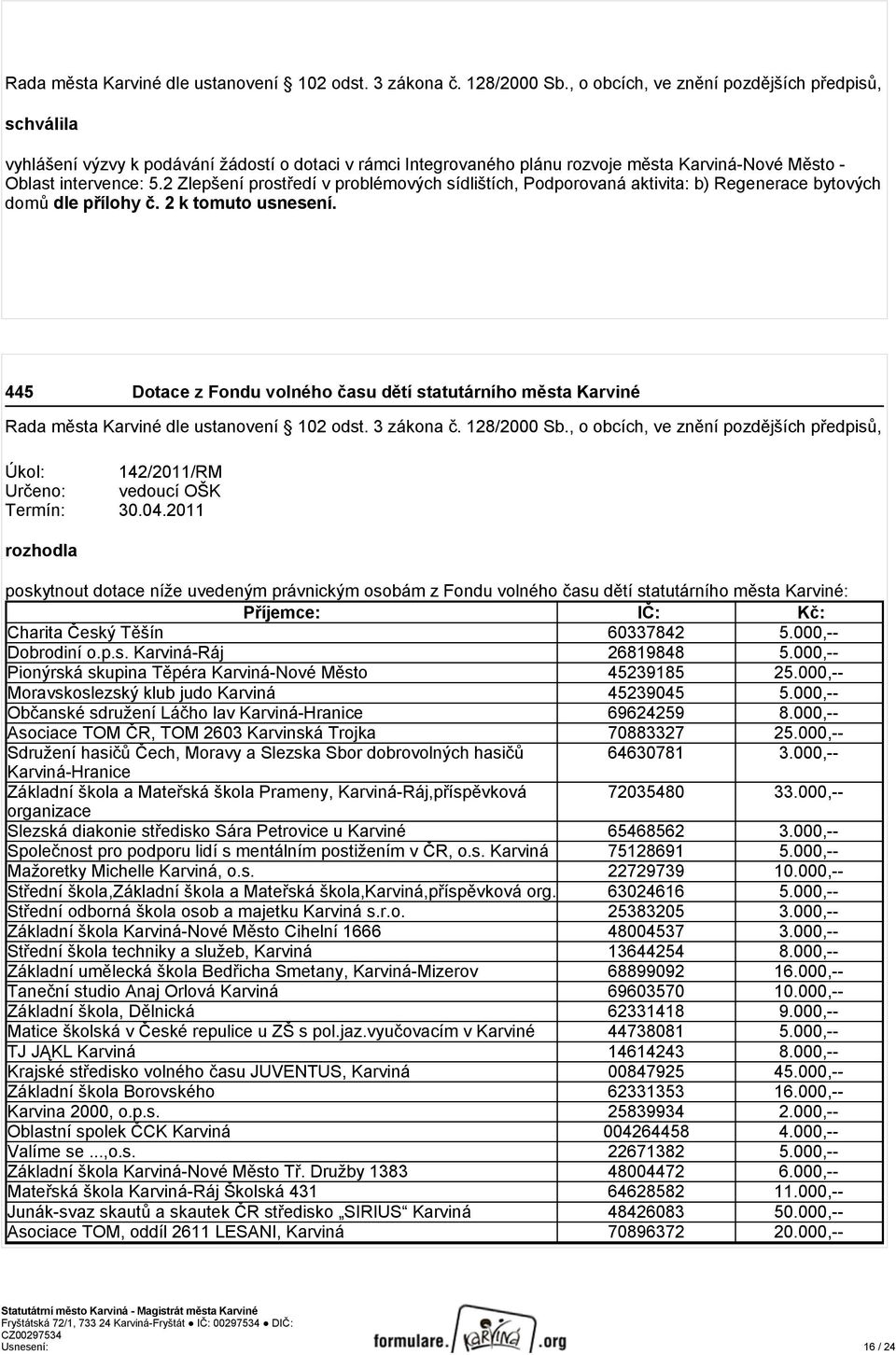 445 Dotace z Fondu volného času dětí statutárního města Karviné Úkol: 142/2011/RM Určeno: vedoucí OŠK Termín: 30.04.