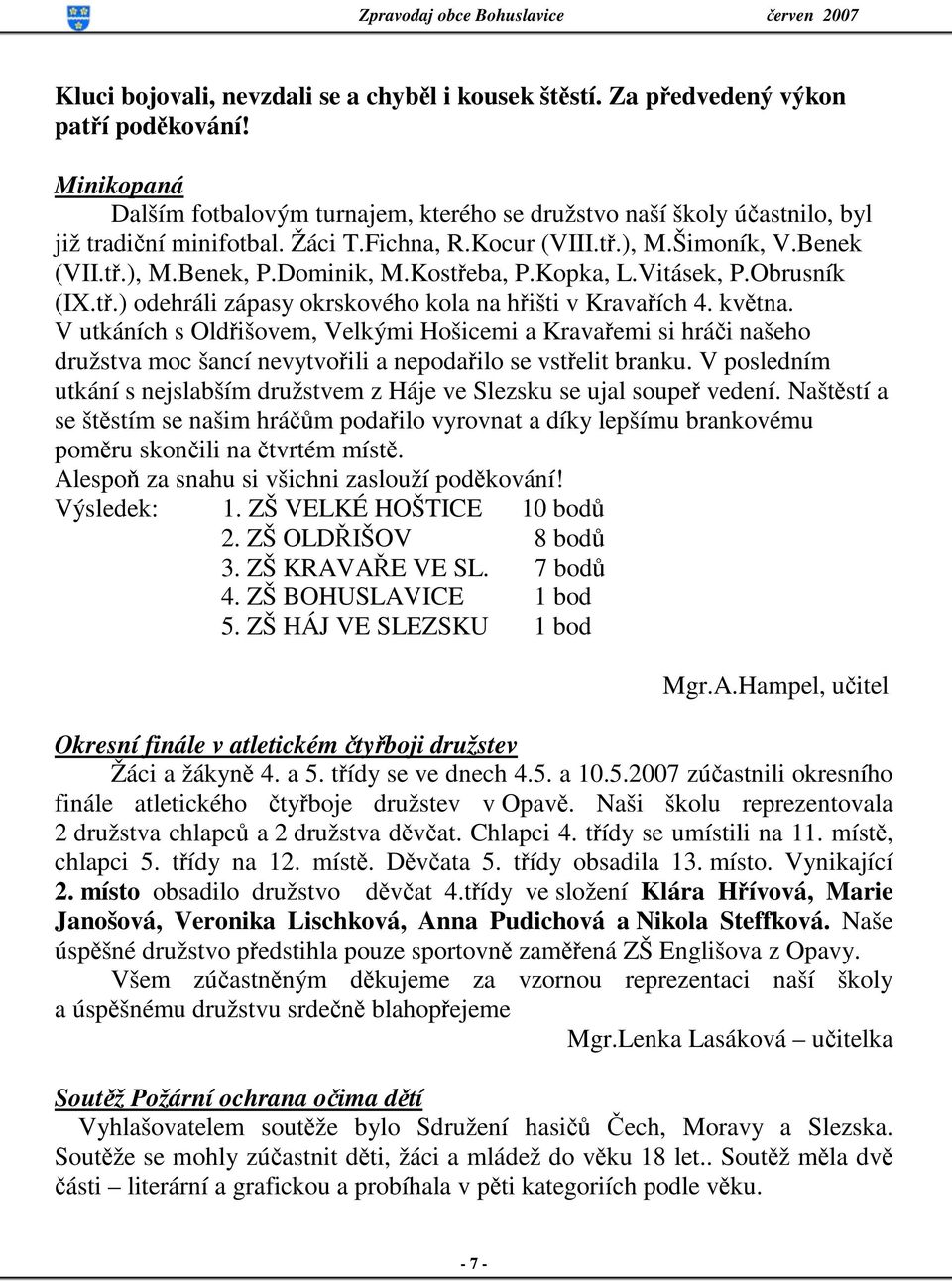 Kostřeba, P.Kopka, L.Vitásek, P.Obrusník (IX.tř.) odehráli zápasy okrskového kola na hřišti v Kravařích 4. května.