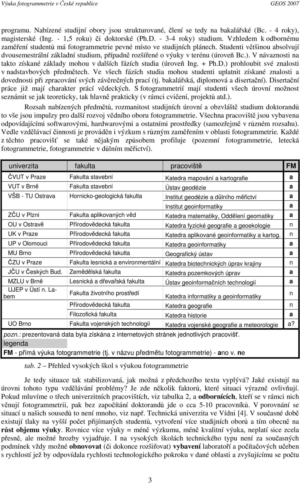 Studenti vtšinou absolvují dvousemestrální základní studium, pípadn rozšíené o výuky v terénu (úrove Bc.). V návaznosti na takto získané základy mohou v dalších fázích studia (úrove Ing. + Ph.D.