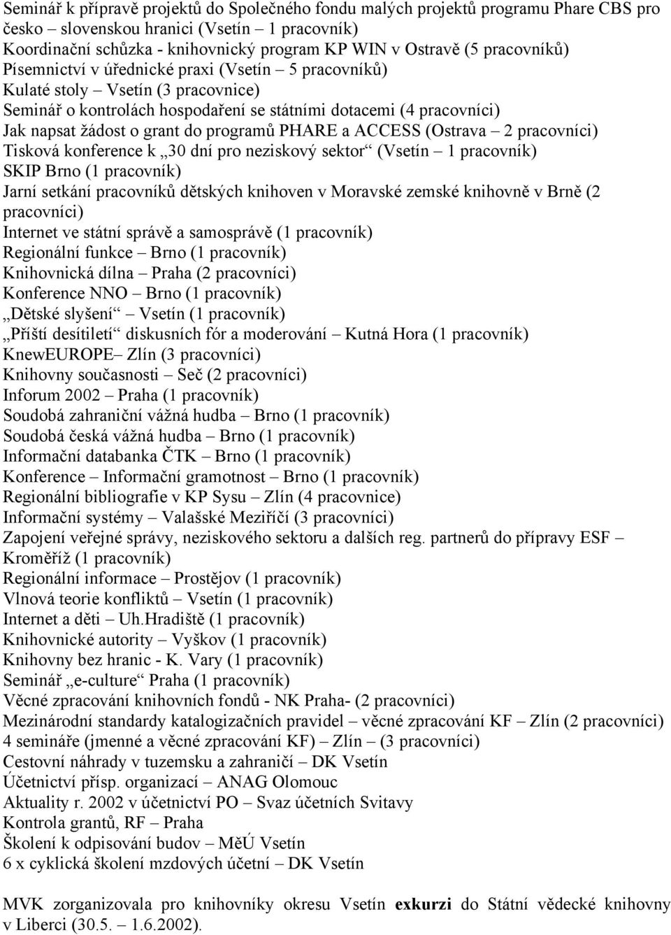 programů PHARE a ACCESS (Ostrava 2 pracovníci) Tisková konference k 30 dní pro neziskový sektor (Vsetín 1 pracovník) SKIP Brno (1 pracovník) Jarní setkání pracovníků dětských knihoven v Moravské