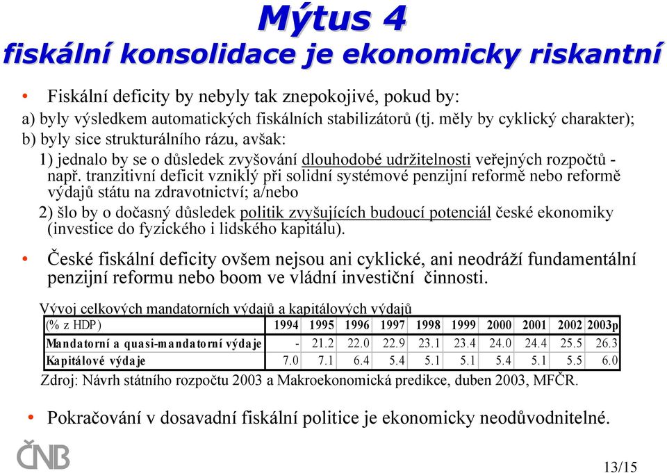 tranzitivní deficit vzniklý při solidní systémové penzijní reformě nebo reformě výdajů státu na zdravotnictví; a/nebo 2) šlo by o dočasný důsledek politik zvyšujících budoucí potenciál české