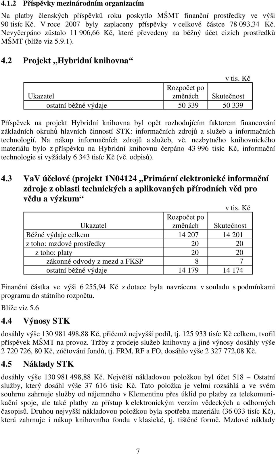 Kč Ukazatel Rozpočet po změnách Skutečnost ostatní běžné výdaje 50 339 50 339 Příspěvek na projekt Hybridní knihovna byl opět rozhodujícím faktorem financování základních okruhů hlavních činností