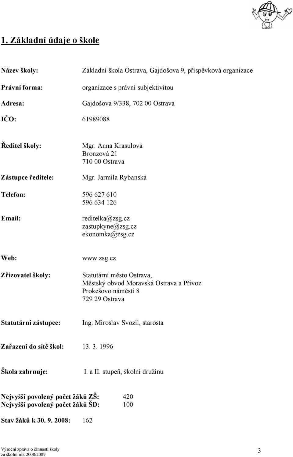 cz ekonomka@zsg.cz Web: Zřizovatel školy: www.zsg.cz Statutární město Ostrava, Městský obvod Moravská Ostrava a Přívoz Prokešovo náměstí 8 729 29 Ostrava Statutární zástupce: Ing.