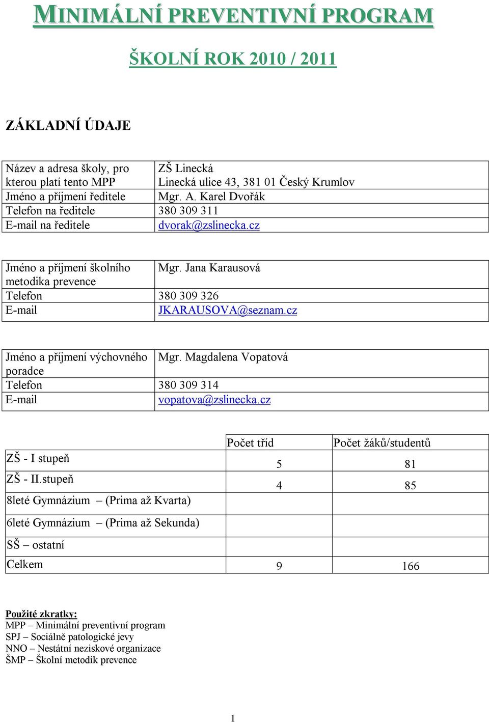 cz Jméno a příjmení výchovného Mgr. Magdalena Vopatová poradce Telefon 380 309 314 E-mail vopatova@zslinecka.cz Počet tříd Počet žáků/studentů ZŠ - I stupeň 5 81 ZŠ - II.