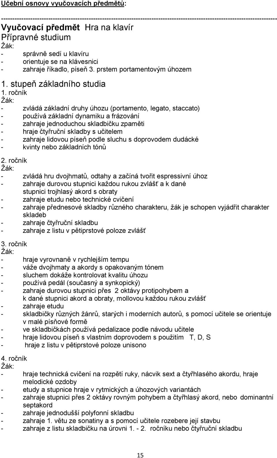 ročník - zvládá základní druhy úhozu (portamento, legato, staccato) - používá základní dynamiku a frázování - zahraje jednoduchou skladbičku zpaměti - hraje čtyřruční skladby s učitelem - zahraje