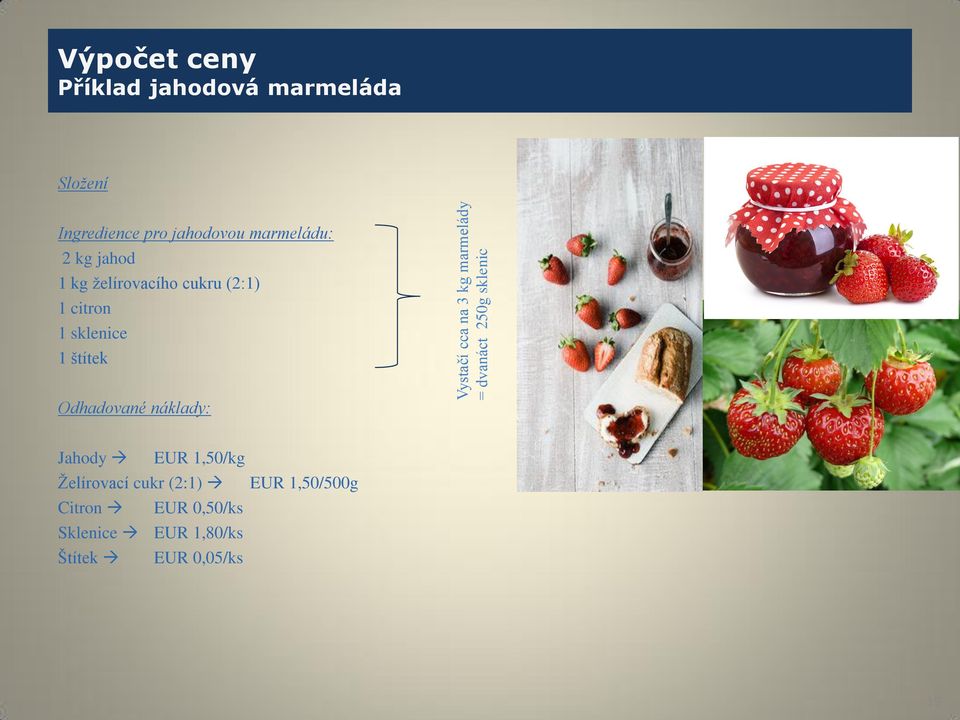 Vystačí cca na 3 kg marmelády = dvanáct 250g sklenic Složení Jahody EUR 1,50/kg