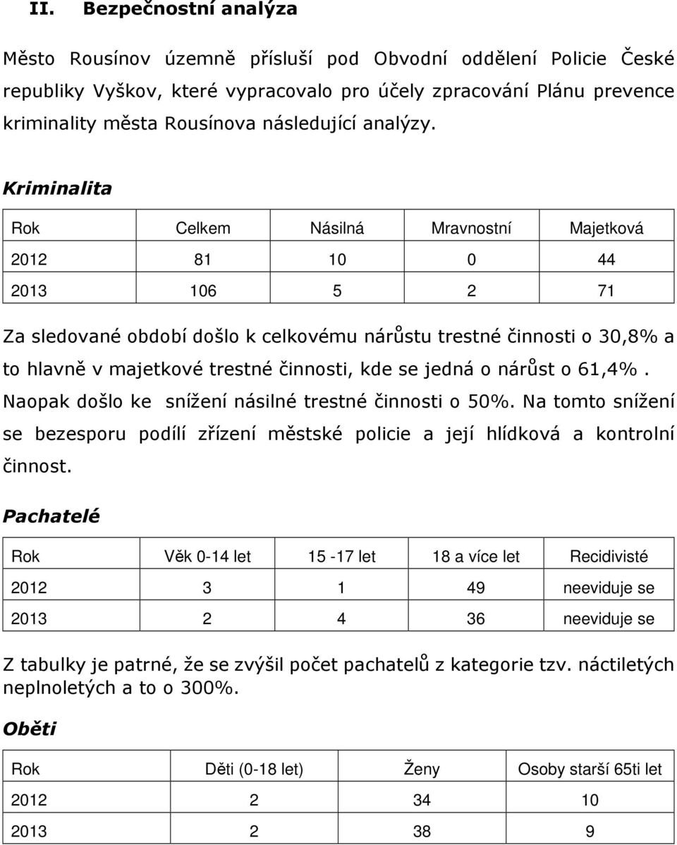 kde se jedná o nárůst o 61,4%. Naopak došlo ke snížení násilné trestné činnosti o 50%. Na tomto snížení se bezesporu podílí zřízení městské policie a její hlídková a kontrolní činnost.