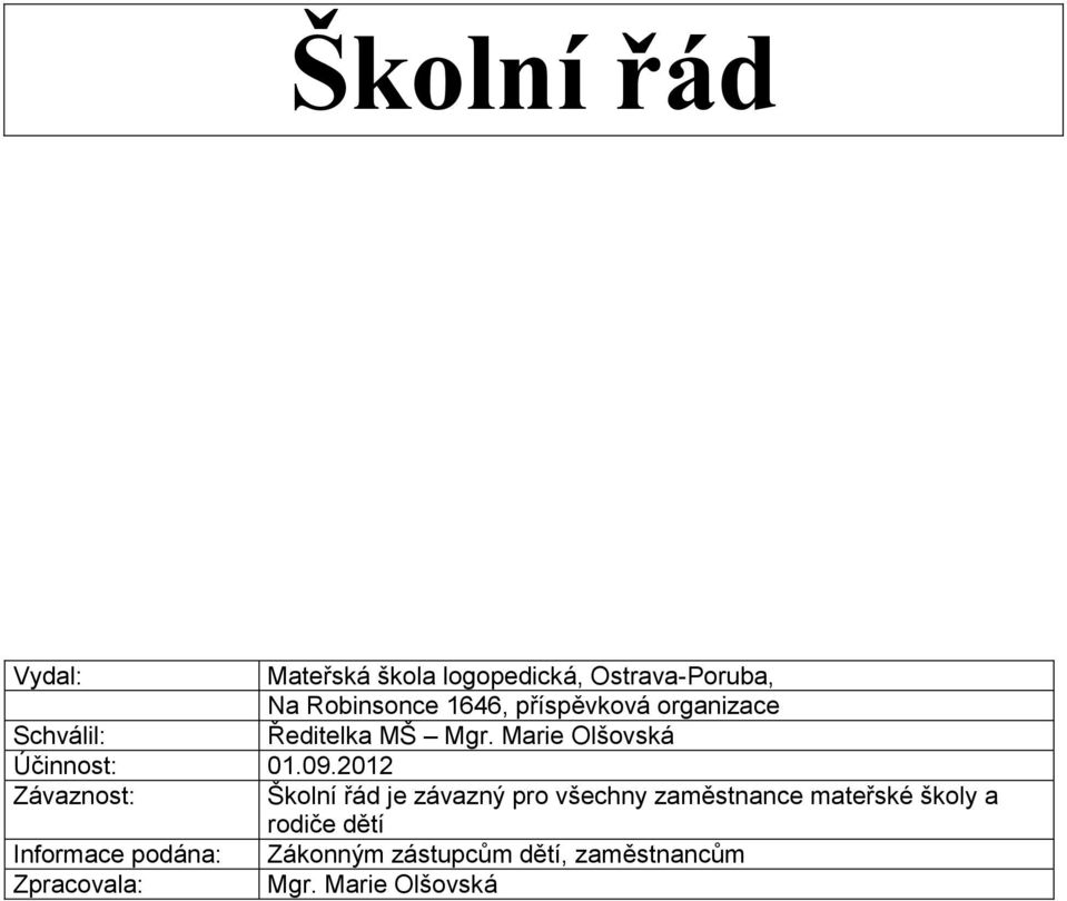 2012 Závaznost: Školní řád je závazný pro všechny zaměstnance mateřské školy a rodiče