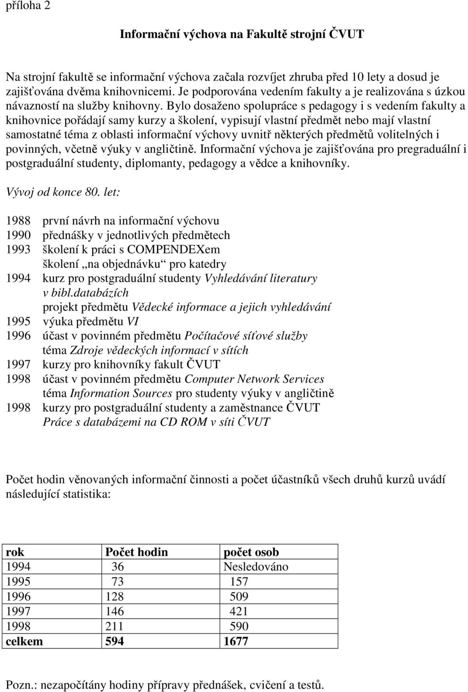 Bylo dosaženo spolupráce s pedagogy i s vedením fakulty a knihovnice pořádají samy kurzy a školení, vypisují vlastní předmět nebo mají vlastní samostatné téma z oblasti informační výchovy uvnitř