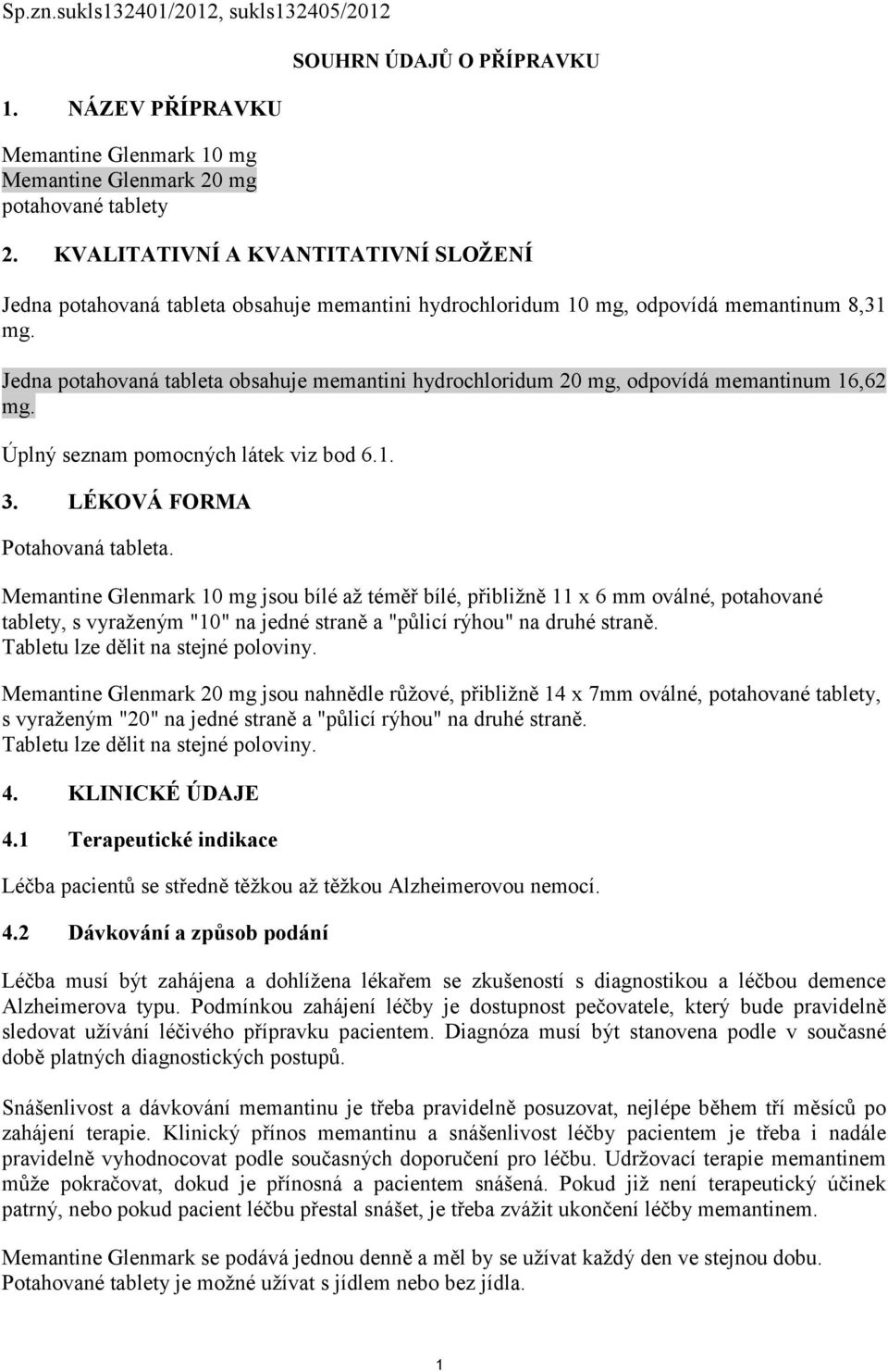 Jedna potahovaná tableta obsahuje memantini hydrochloridum 20 mg, odpovídá memantinum 16,62 mg. Úplný seznam pomocných látek viz bod 6.1. 3. LÉKOVÁ FORMA Potahovaná tableta.