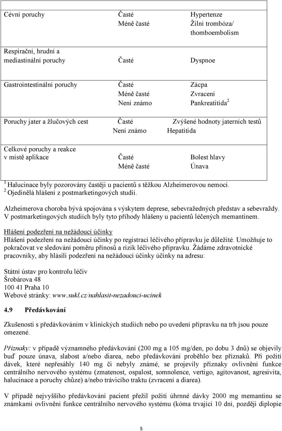 pacientů s těžkou Alzheimerovou nemocí. 2 Ojedinělá hlášení z postmarketingových studií. Alzheimerova choroba bývá spojována s výskytem deprese, sebevražedných představ a sebevraždy.