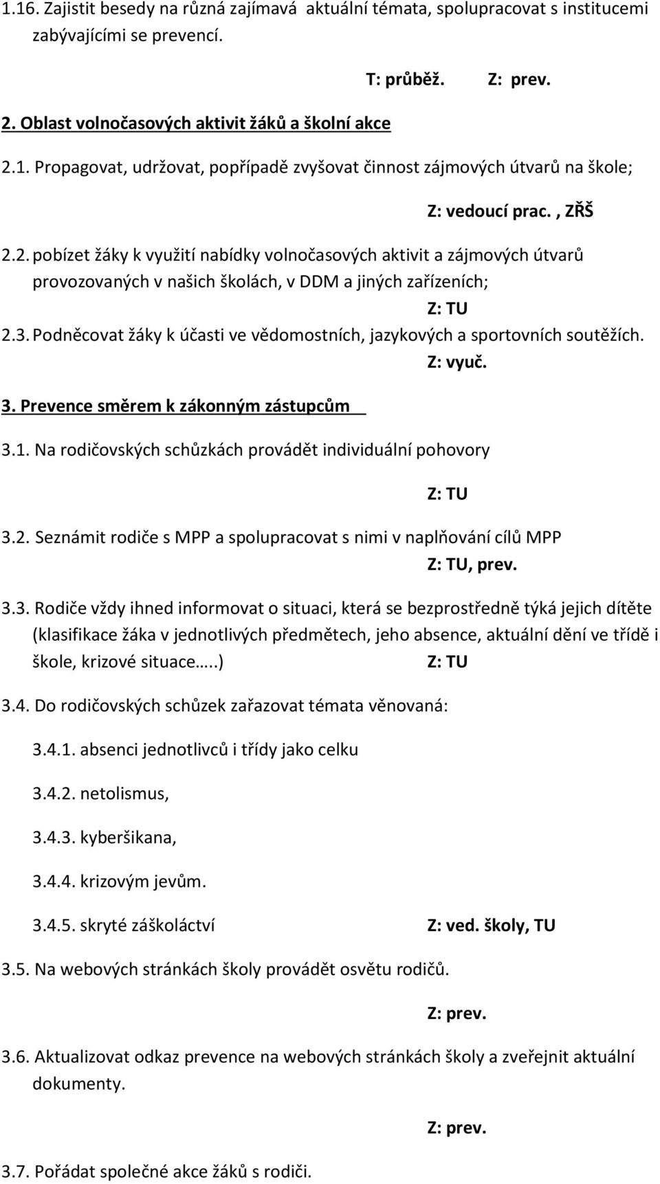 Podněcovat žáky k účasti ve vědomostních, jazykových a sportovních soutěžích. Z: vyuč. 3. Prevence směrem k zákonným zástupcům 3.1. Na rodičovských schůzkách provádět individuální pohovory Z: TU 3.2.