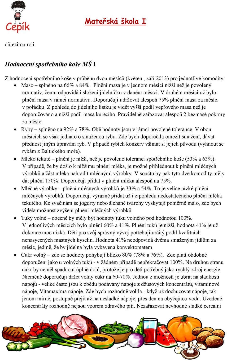 Doporučuji udržovat alespoň 75% plnění masa za měsíc. v pořádku. Z pohledu do jídelního lístku je vidět vyšší podíl vepřového masa než je doporučováno a nižší podíl masa kuřecího.