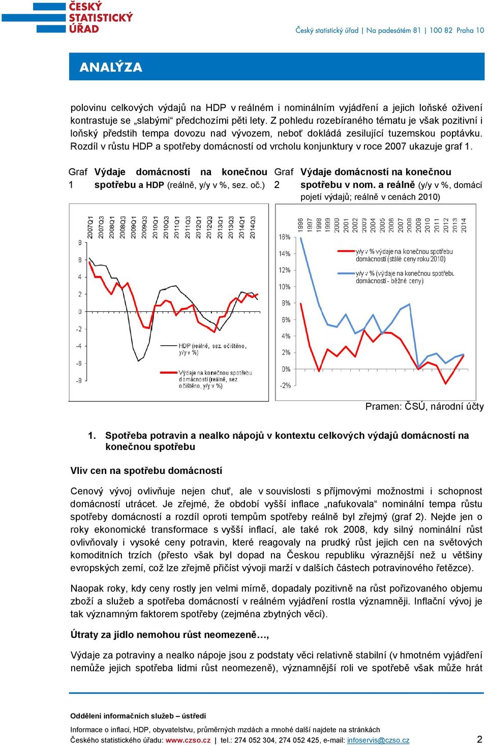 Rozdíl v růstu HDP a spotřeby domácností od vrcholu konjunktury v roce 2007 ukazuje graf 1. Graf 1 Výdaje domácností na konečnou spotřebu a HDP (reálně, y/y v %, sez. oč.