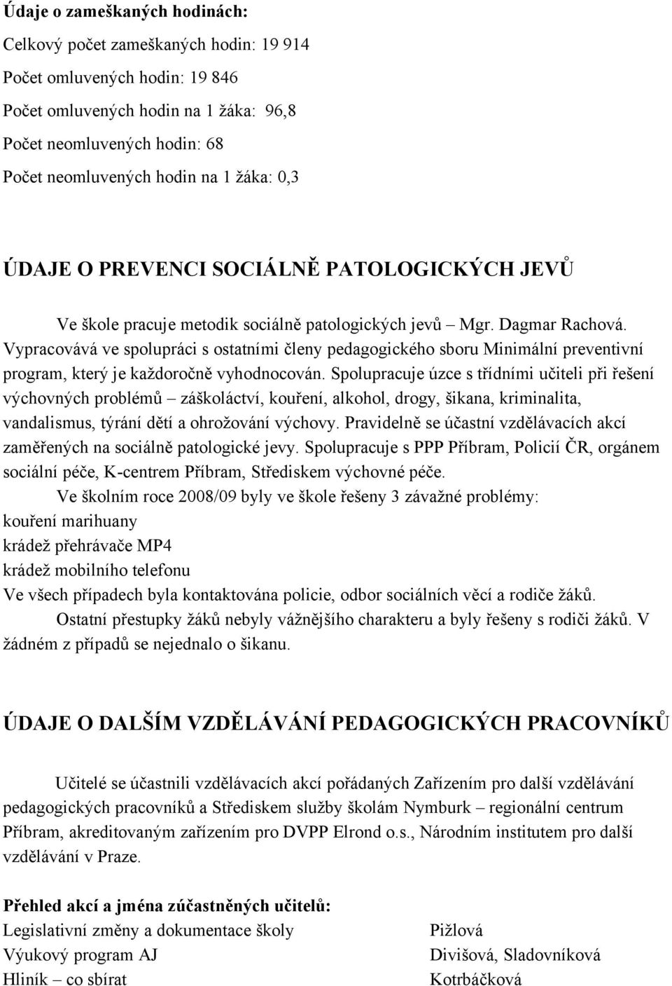 Vypracovává ve spolupráci s ostatními členy pedagogického sboru Minimální preventivní program, který je každoročně vyhodnocován.