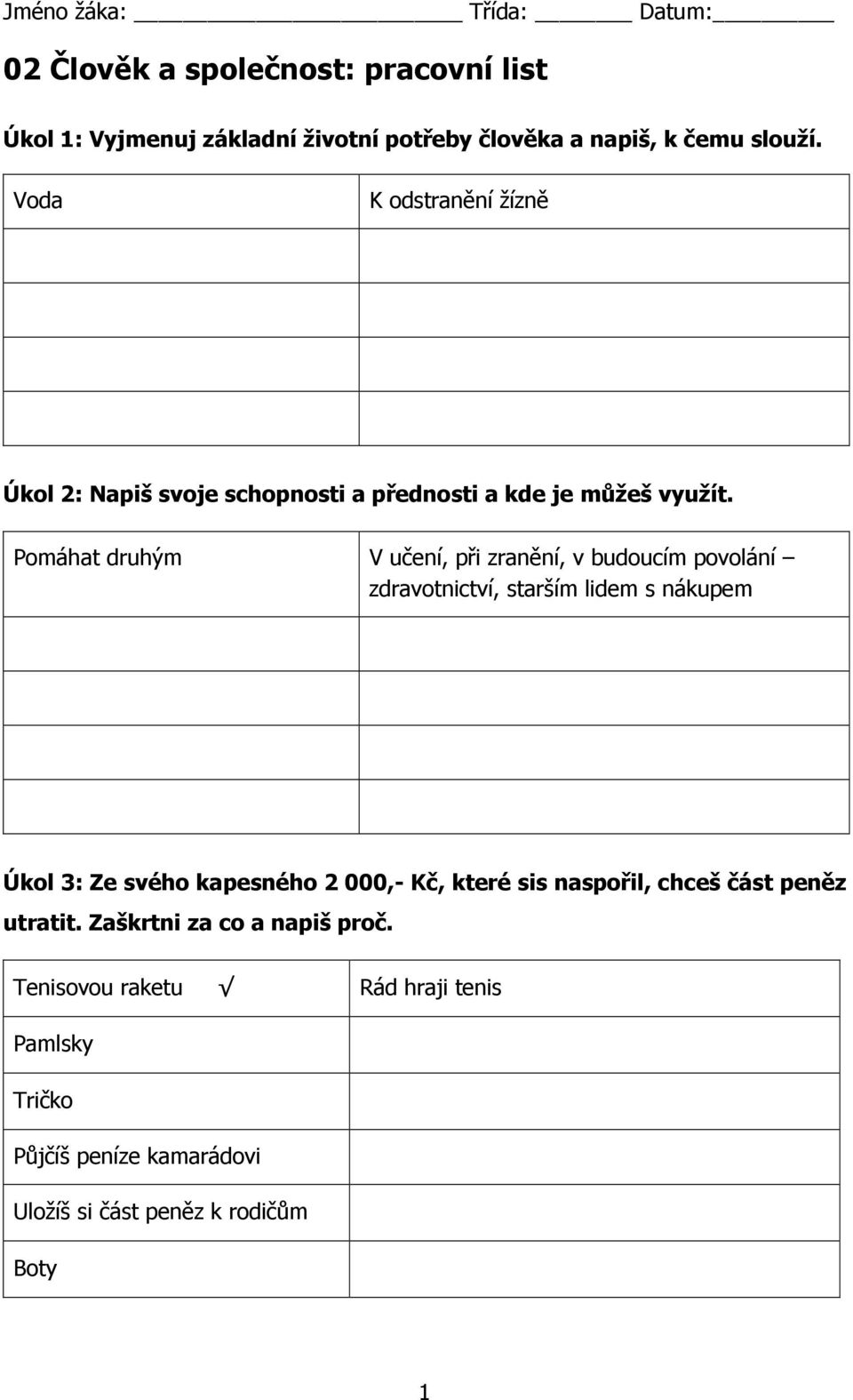 Pomáhat druhým V učení, při zranění, v budoucím povolání zdravotnictví, starším lidem s nákupem Úkol 3: Ze svého kapesného 2 000,- Kč,